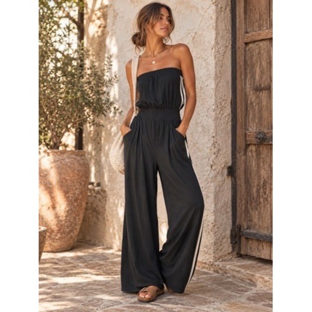 Halara Black Strapless Wide Leg Jumpsuit Side Stripes XL Pocketed Athleisure